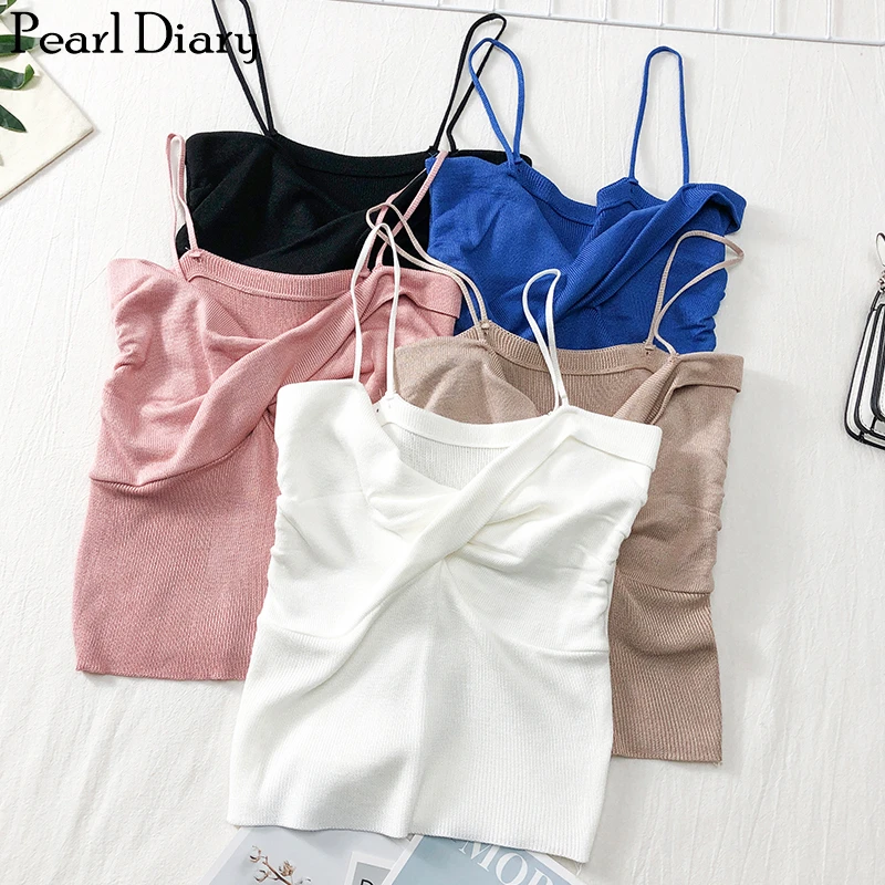 

Liba Sin Women Knitted Wrap Front Cami Top Spaghetti Strap Soft Knit Wrap Front Sexy Strappy Crop Top Solid Color Casual Top