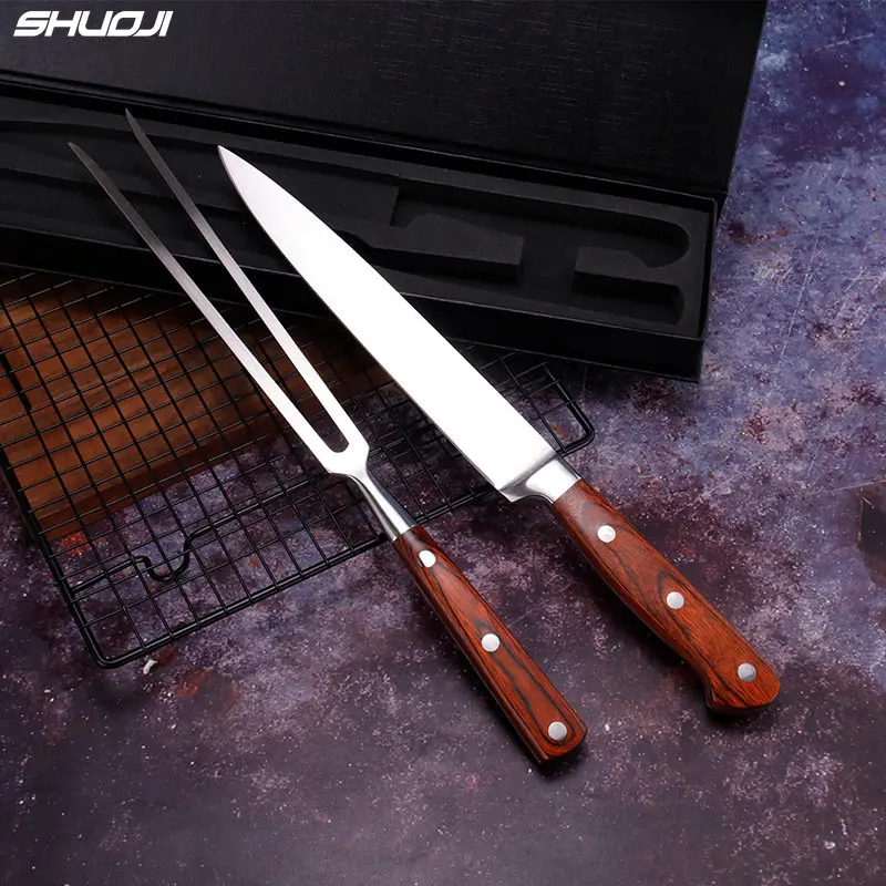 SHUOJI BBQ Knife Sets Stainless Steel Barbecue Knife and Fork 2-piece  Outdoor Steak Roast Lamb Roast Iron Plate Roast Set Tool