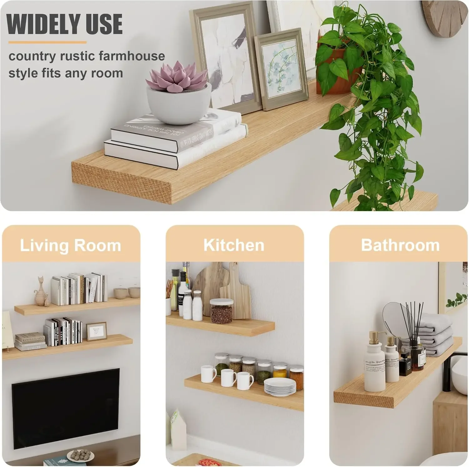 Solid Oak Floating Shelves-Set of 2, 36" Wide x 8" Deep Wall Mounted Rustic Wooden Display Shelf for Bathroom Bedroom Kitchen
