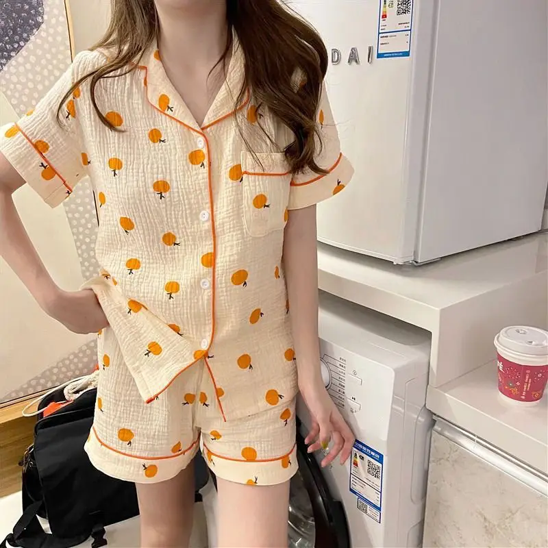 Korean Style Orange Print Pajama Set - Women's 2-Piece Summer Sleepwear