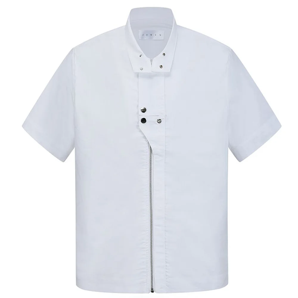 Mens Stand Collar Functional Shirt Spring Summer Zipper Short Sleeve Shirts Tops Fashion Street Solid Original Design Blouse