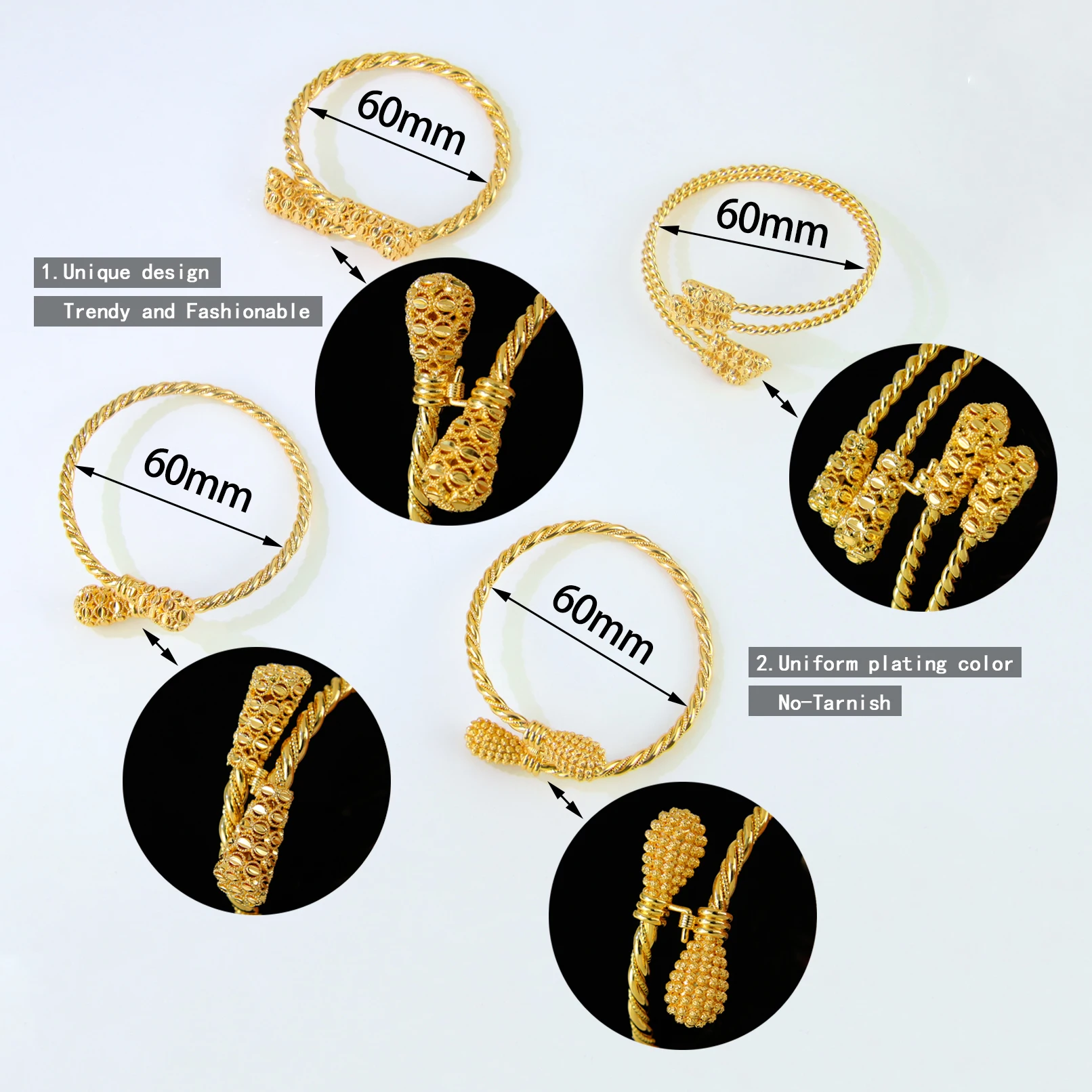 Arabische Mode Unregelmäßige Offene Armreifen 21k Vergoldet Habesha Braut Hochzeit Manschettenarmband Algerien Frauen Event Party Schmuck – Detail 2