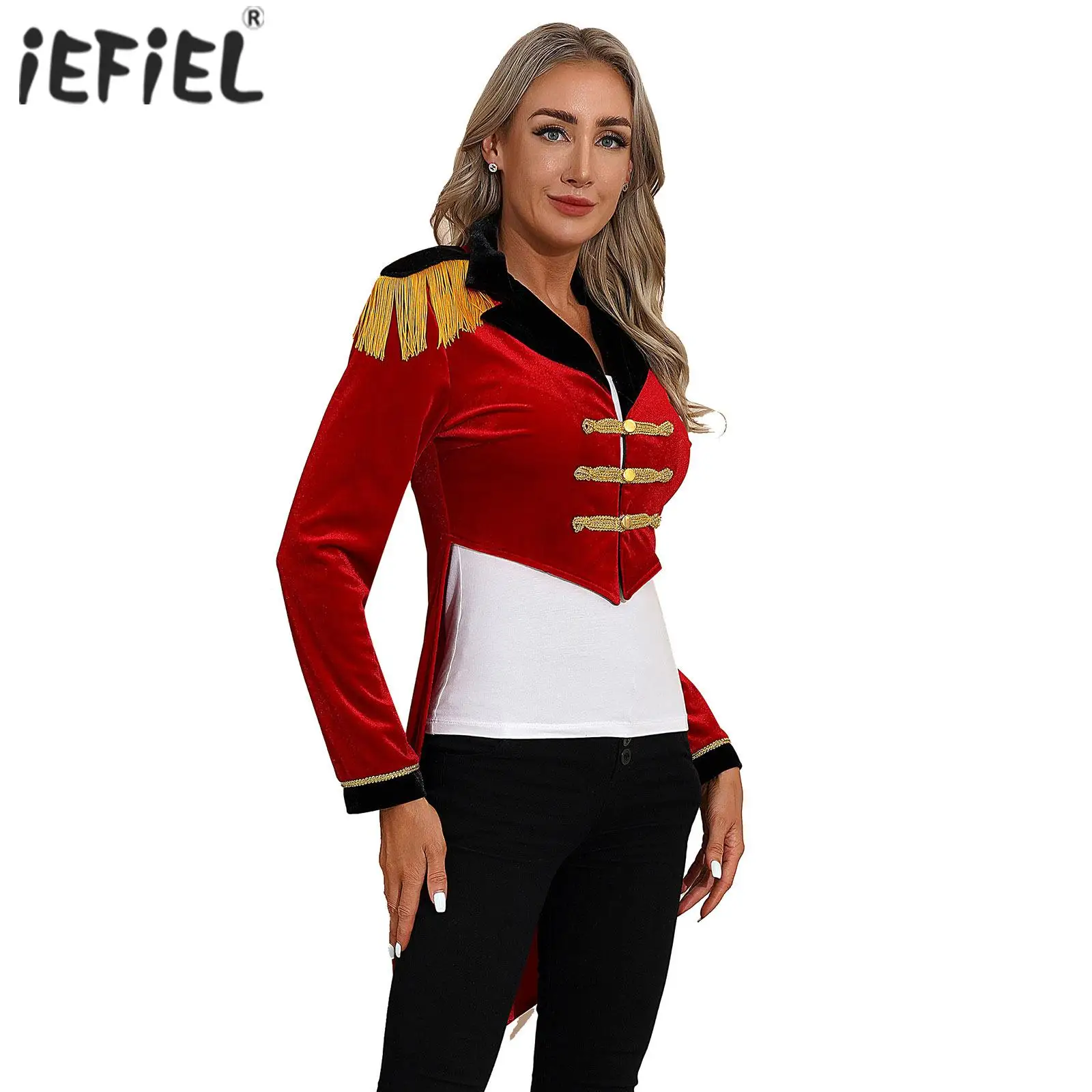 

Womens Showman Circus Ringmaster Cosplay Costumes Lapel Long Sleeve Velvet Tailcoat Carnival Halloween Roleplay Outfit Coat