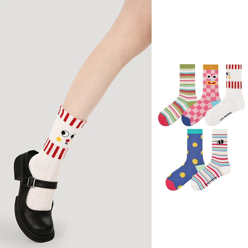 5 Pairs Of Renaissance Socks Women's Summer Thin Mid-tube Socks Mesh Breathable Cute Expression Girl Socks Colorful Trendy