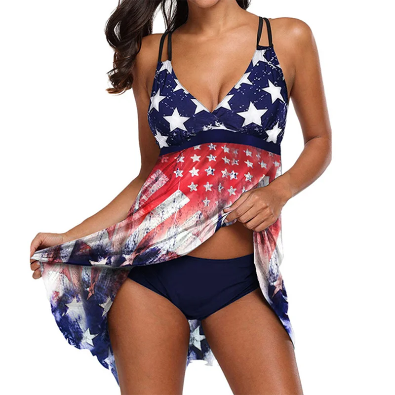 

Flag Large Size Womens 2Pcs Ruffle Swimsuits Tankini Top Large Size Mesh Swimdress Swimwear With Bikini Bottom Bath Suits 5XL