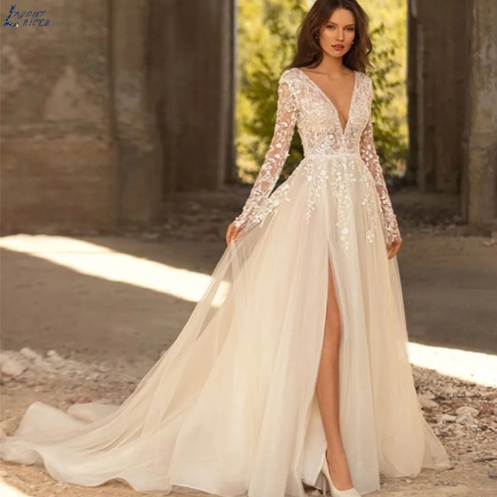 

Romantic A-line Wedding Dress 2023 For Women Grace Flowers Embroidery Bridal Gowns Long Sleeves Bride Split vestido de noiva