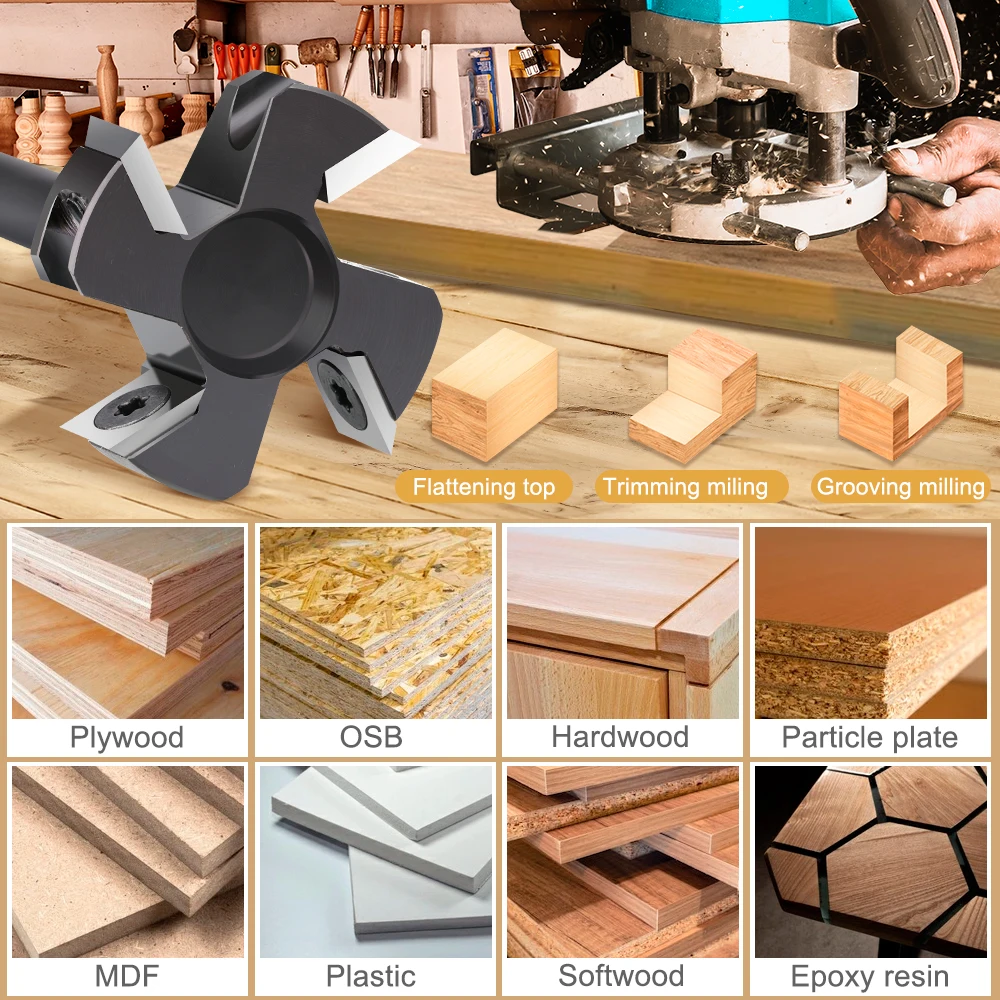 XCAN Holzhobel-Bit, 8 x 40 mm, CNC-Spoilboard-Oberflächenfräser, Hartmetalleinsatz, Platte, Abflachung, Hobelfräser für Holz – Detail 7