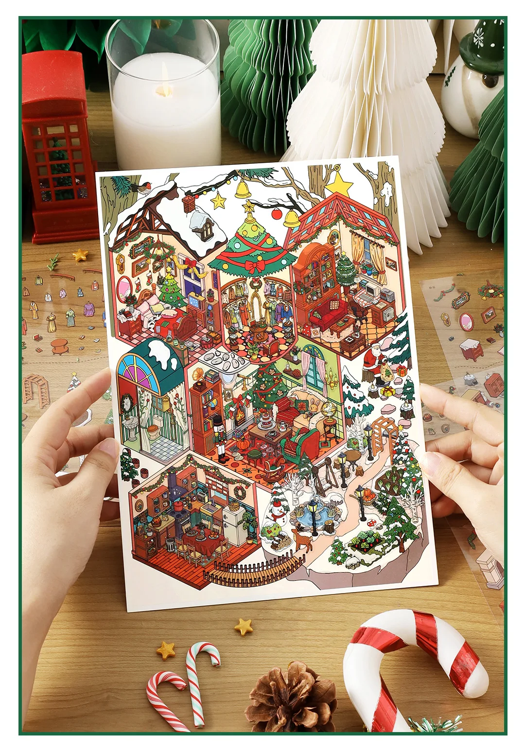 Weihnachtsalbum 2.5D Landschaft Aufkleber Cartoon Hütte Szene DIY Aufkleber Stapeln Einfügen Festival Geburtstagsgeschenk für Kind Kind – Detail 9