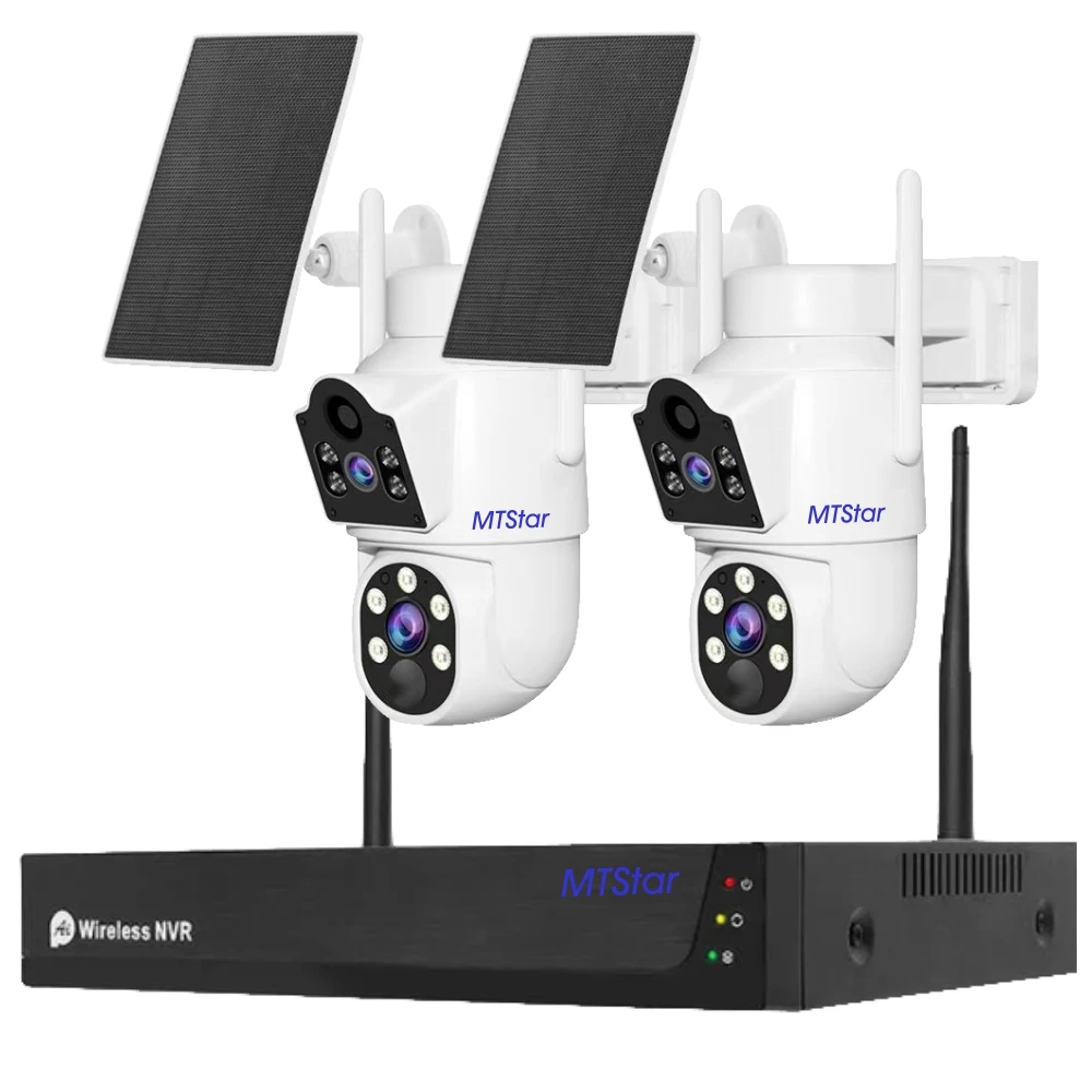 MTStar 2CH 무선 태양 전지 패널 배터리 WIFI 카메라 및 WiFi NVR 비디오 감시 보안 시스템 키트 (HD 모니터 하드 디스크 포함)