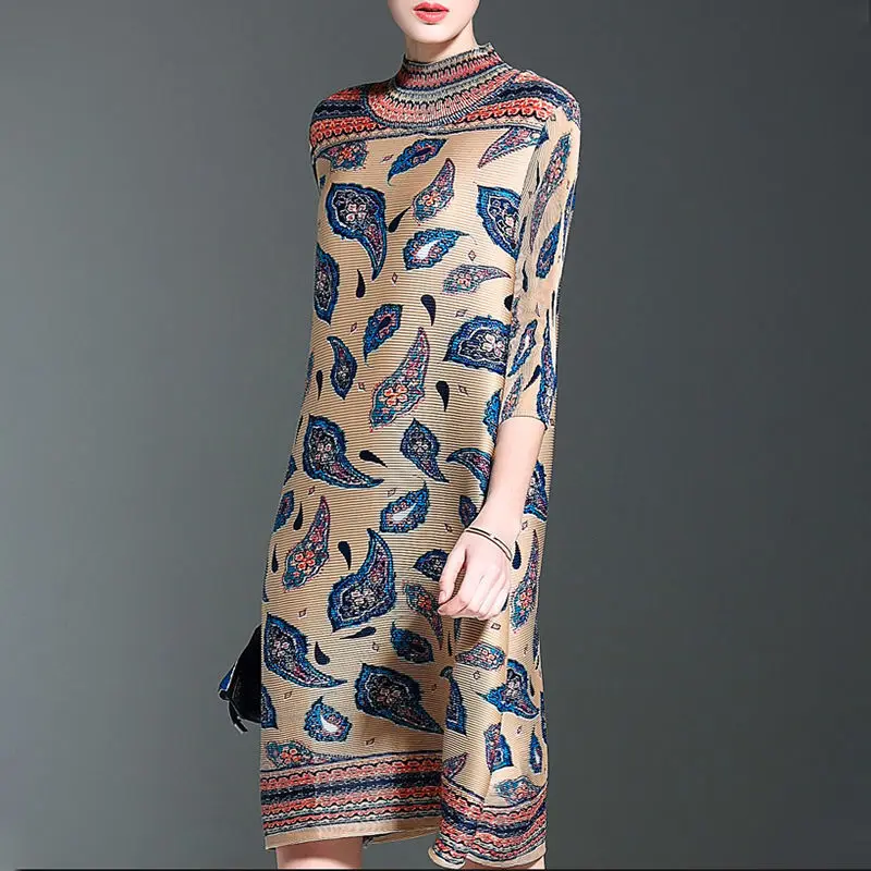 여성용 레트로 플리츠 드레스, 하이넥 프린트, 중년 어머니, 루즈 MM 여성 의류, 2023 가을 신상