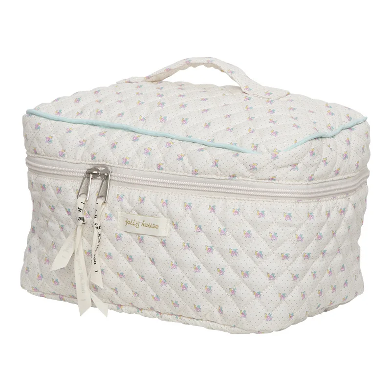 Cute Quilting Cotton Makeup Bag Women Zipper Cosmetic Organizer Female Cloth Handbag Box Shape Portable Toiletry Case For Girls 4