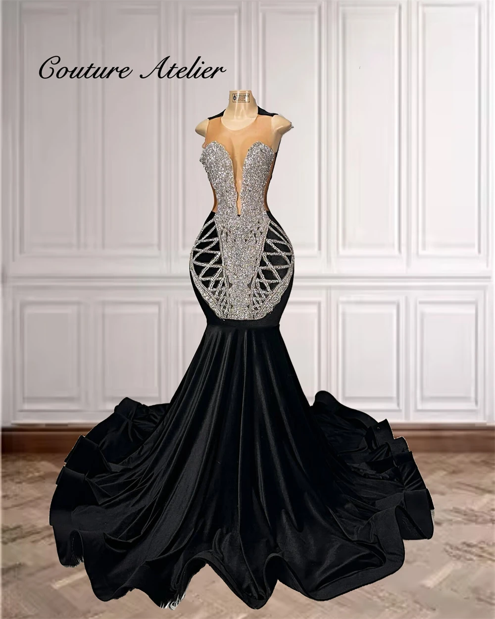 

Designer Black Mermaid Silver Rhinestone Green Prom Dress For Black Girls Ladies Dresses For Special Occasions Party Gowns