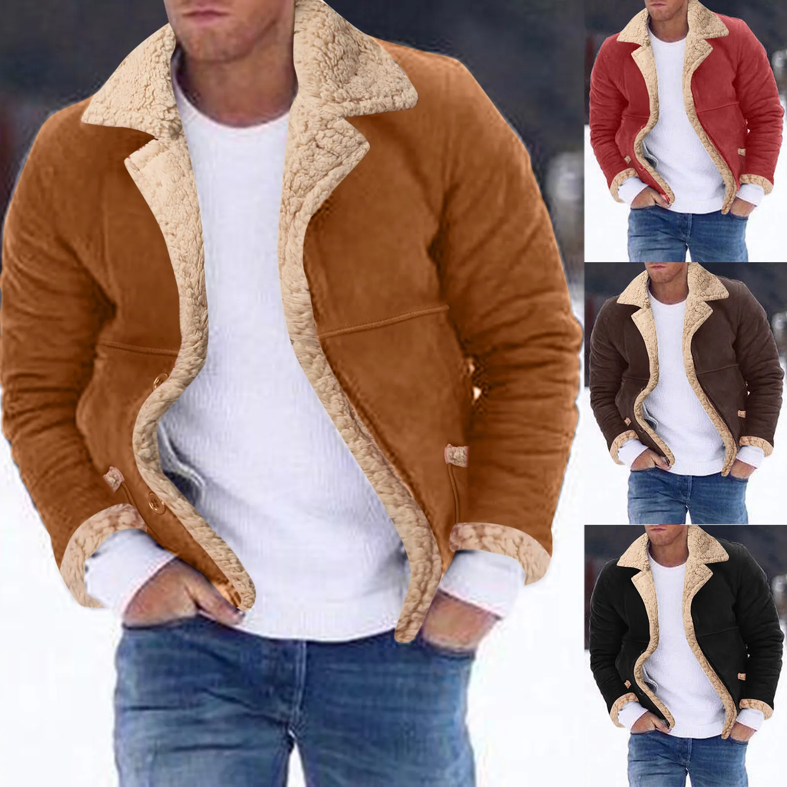 

Men Winter Coat Lapel Collar Long Sleeve Padded Leather Vintage Thicken Coat Sheepskin Single Breasted Rain Coat Men