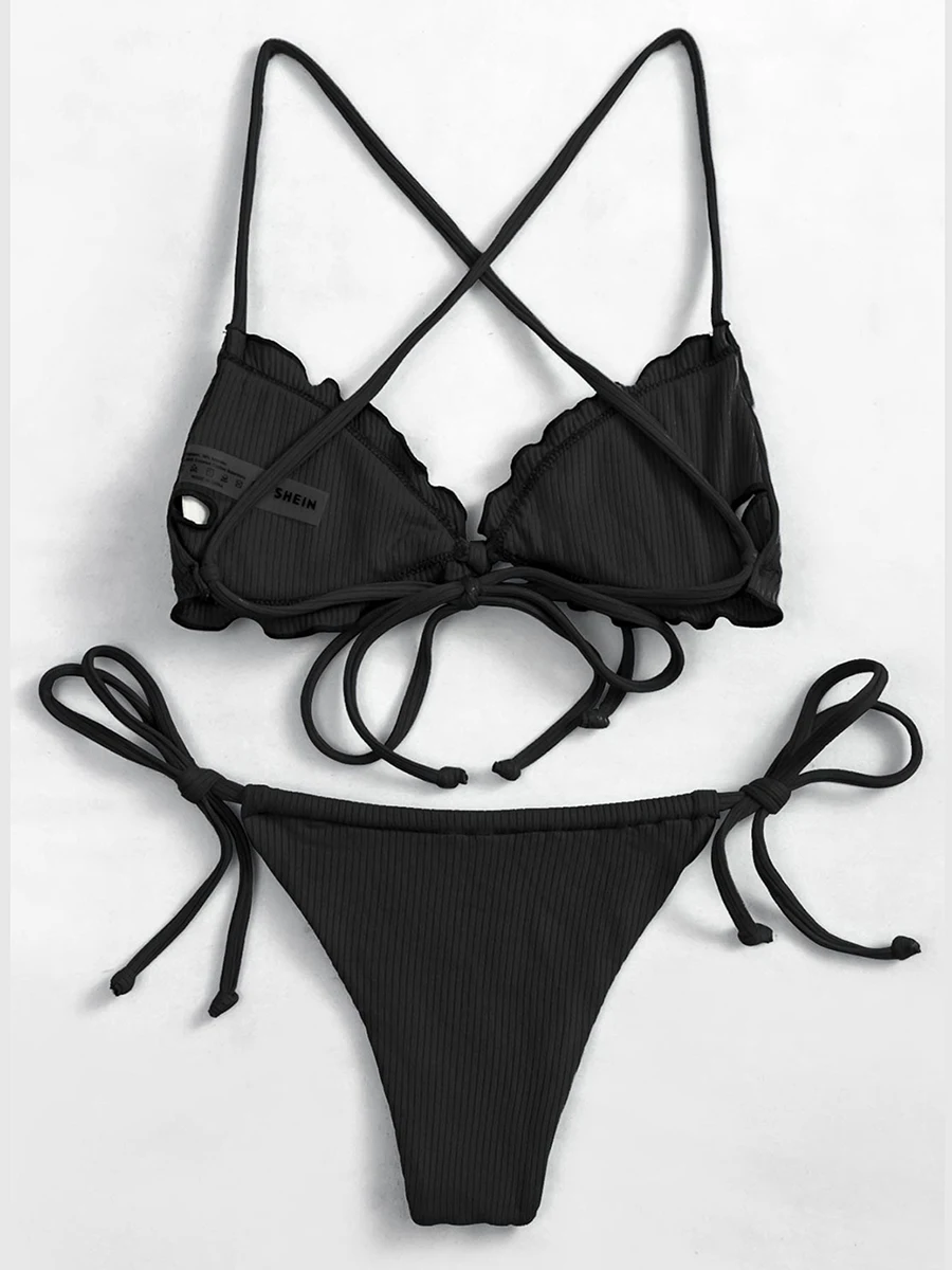 Women s Two Piece Bathing Suits Black Sleeveless Ribbed Bra Low Waist Thong Swimwear