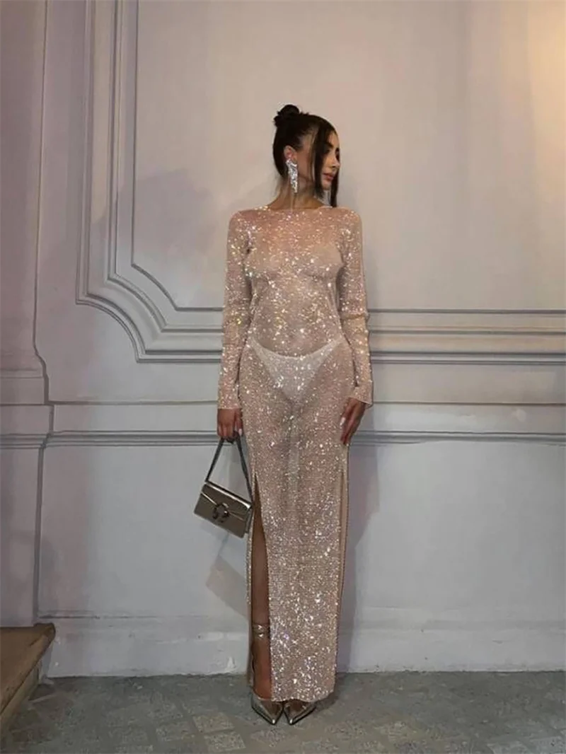 Hohes doppeltes geteiltes Kristallkleid für Frauen 2023, neue Pailletten-Kleider, Textur, Strass, Langarm-Partykleider im Großhandel – Detail 8
