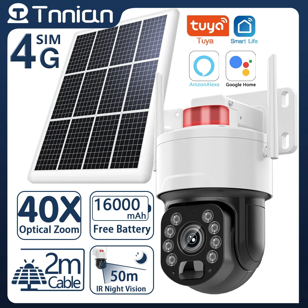 

Tnnian 4K 8MP 4G Solar Surveillance Camera PIR Motion Detection Outdoor WIFI PTZ Security IP Camera Color 50M Night Vision Tuya