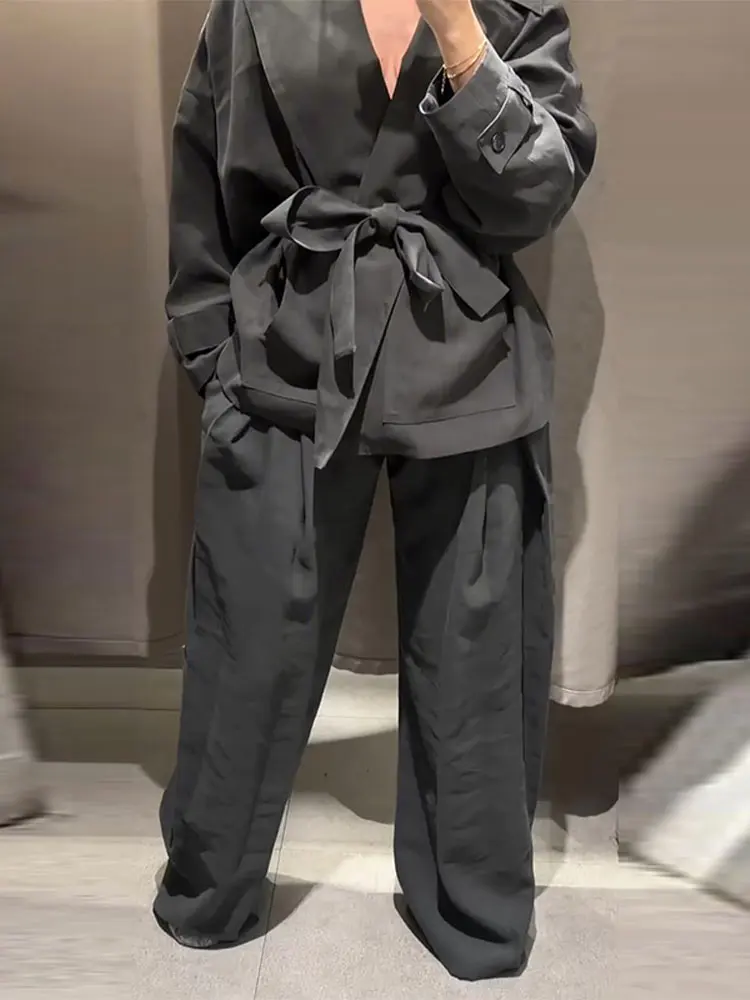 Schal-Blazer mit Taillengürtel und Weite Hose für Damen, Eleganter Revers-Langarm-Blazer mit Hochgeschnittener Hose, Frühlings-Neuheit Damen-Set – Detail 34