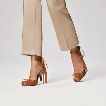 2026 Women's New Summer Square Satin High Heel Sandals with Ankle Strap, Fashionable Party and Banquet Ballet High Heels 1