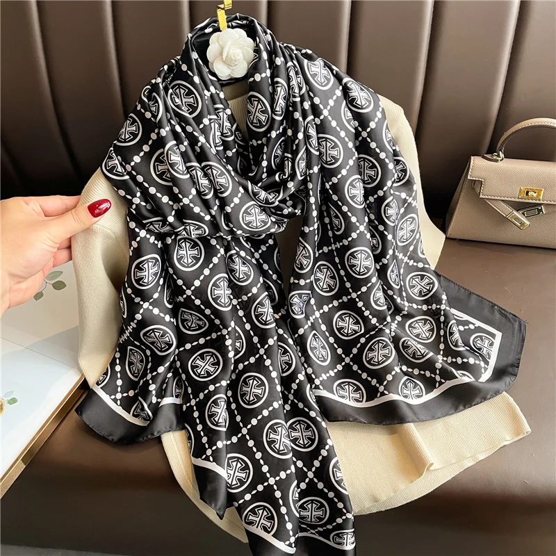 

Luxury Silk Feeling Scarf Hijab for Women Print Large Shawl Wrap Female Spring Warm Beach Stoles Foulard Bandana Scarves Echarpe