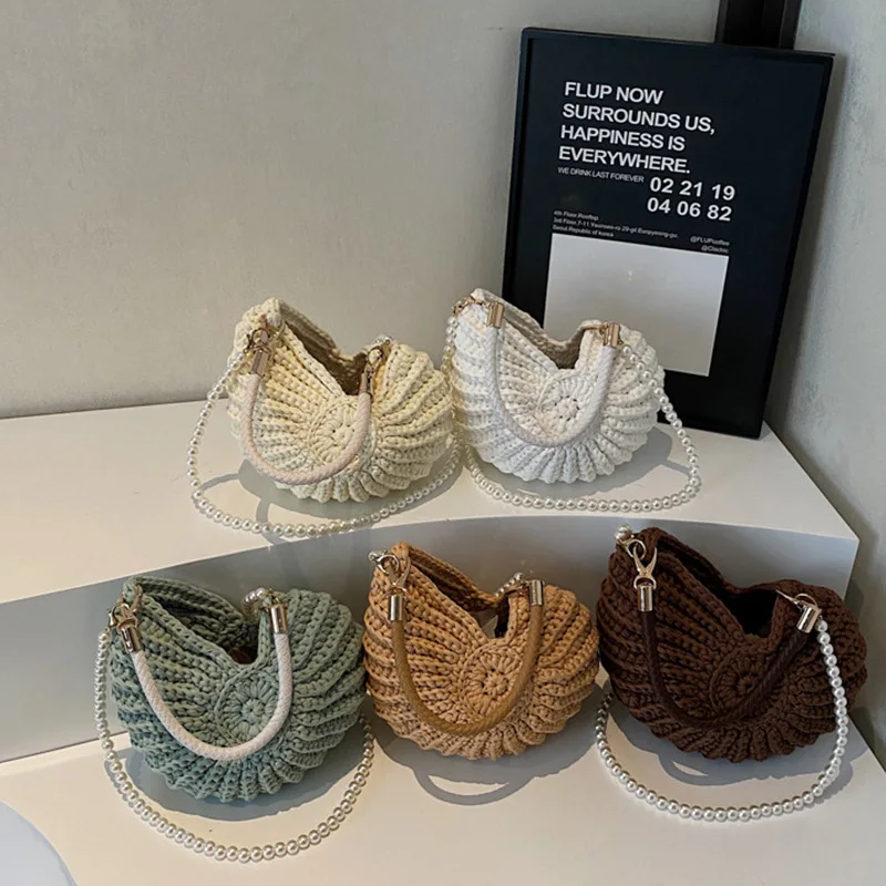 รูปสินค้า Conch Shellถักโครเชต์Crossbodyไหล่กระเป๋า,Pearl Chain Handmadeทอกระเป๋าผู้หญิง,Elegantที่ละเอียดอ่อนน่ารักกระเป๋าขนาดกะทัดรัด