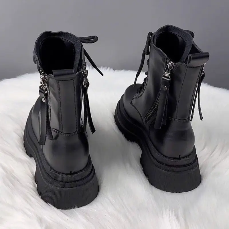 Women Boots Thick Heel Zipper Snow Boots Female Plush Keep Warm Leather Mid Calf Boots Non Slip Platform Boots for Woman Fashion