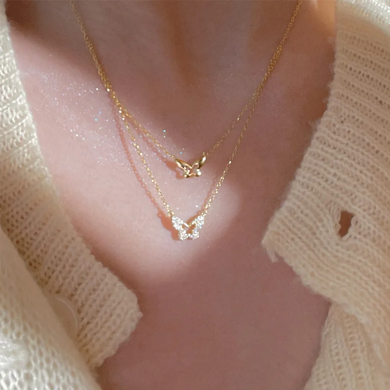 Alilang Rose Gold Double Strand Butterfly Necklace - Rhinestone & Alabaster Stone Pendant, Layered Statement