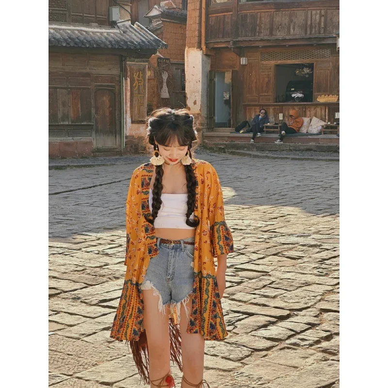 빈티지 프린팅 중간 길이 가디건, 햇빛 차단, 휴일 스타일 아우터, 오버코트, 캐주얼 컴포트 스웨터