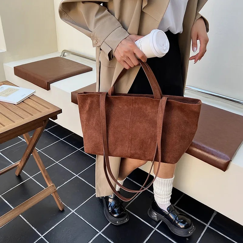 Faux Suede Versatile Handbag Solid Color Retro Tote Bag Large Capacity Vintage Shoulder Bag Work Commute Shopping Party Bag