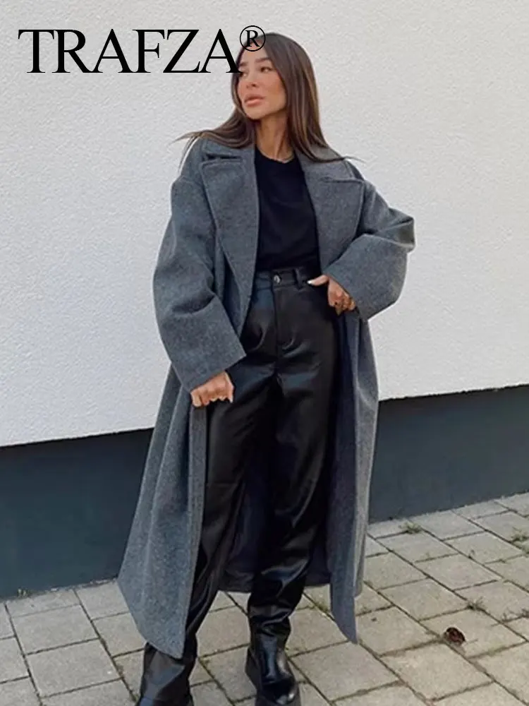 TRAFZA Winter Coat For Women 2024 Solid Lapel Double Breasted Long Cardigan Top Female Pokcet Streetwear Woman New In OuterCoat 4