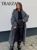 TRAFZA Winter Coat For Women 2024 Solid Lapel Double Breasted Long Cardigan Top Female Pokcet Streetwear Woman New In OuterCoat 4
