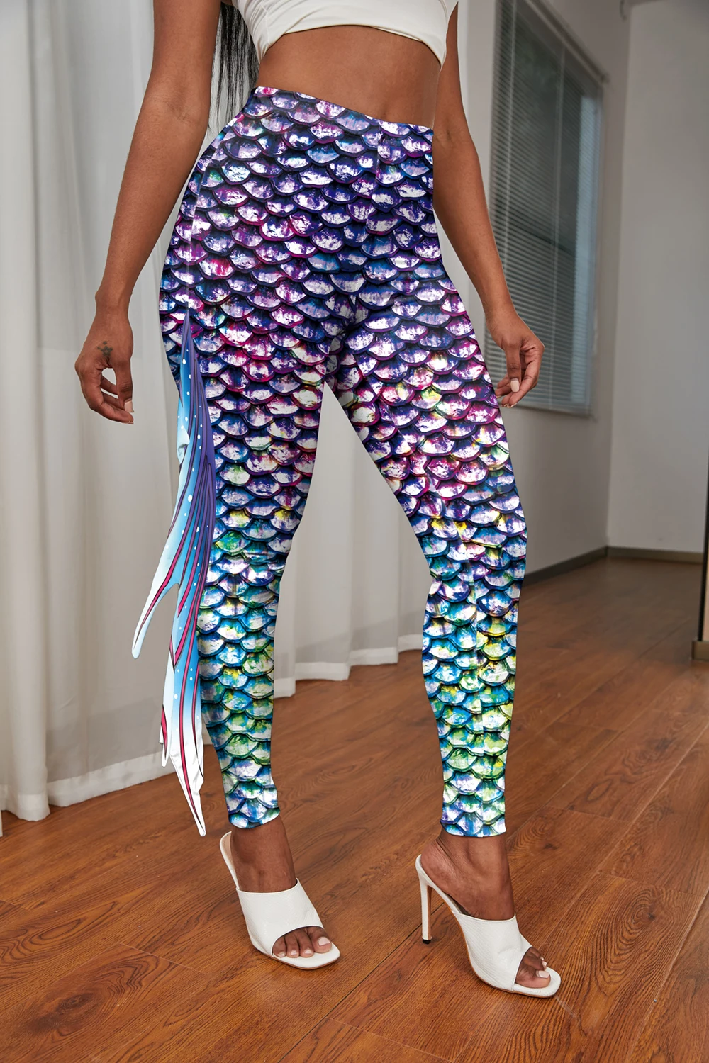 Nadanbao Bunte Meerjungfrau-Leggings für Damen, Fischschuppen-Druckhose, elastische Yoga-Strumpfhose, Outdoor, Urlaub, Party, Strandhose – Detail 36