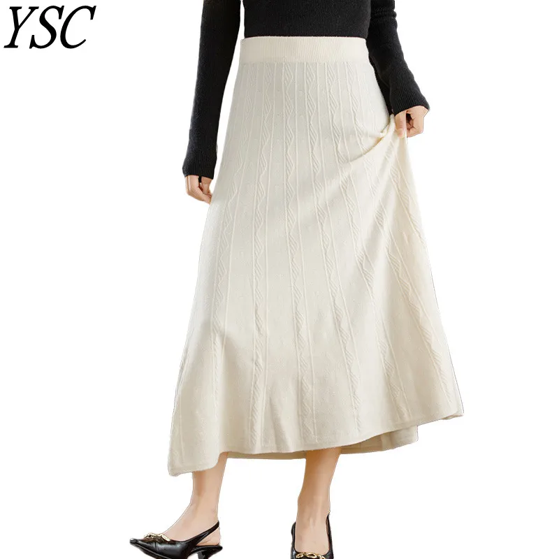 

YSC 2023 New style Women Knitted Cashmere wool blend Half length skirt Solid color Simple and soft high quality Wave style skirt