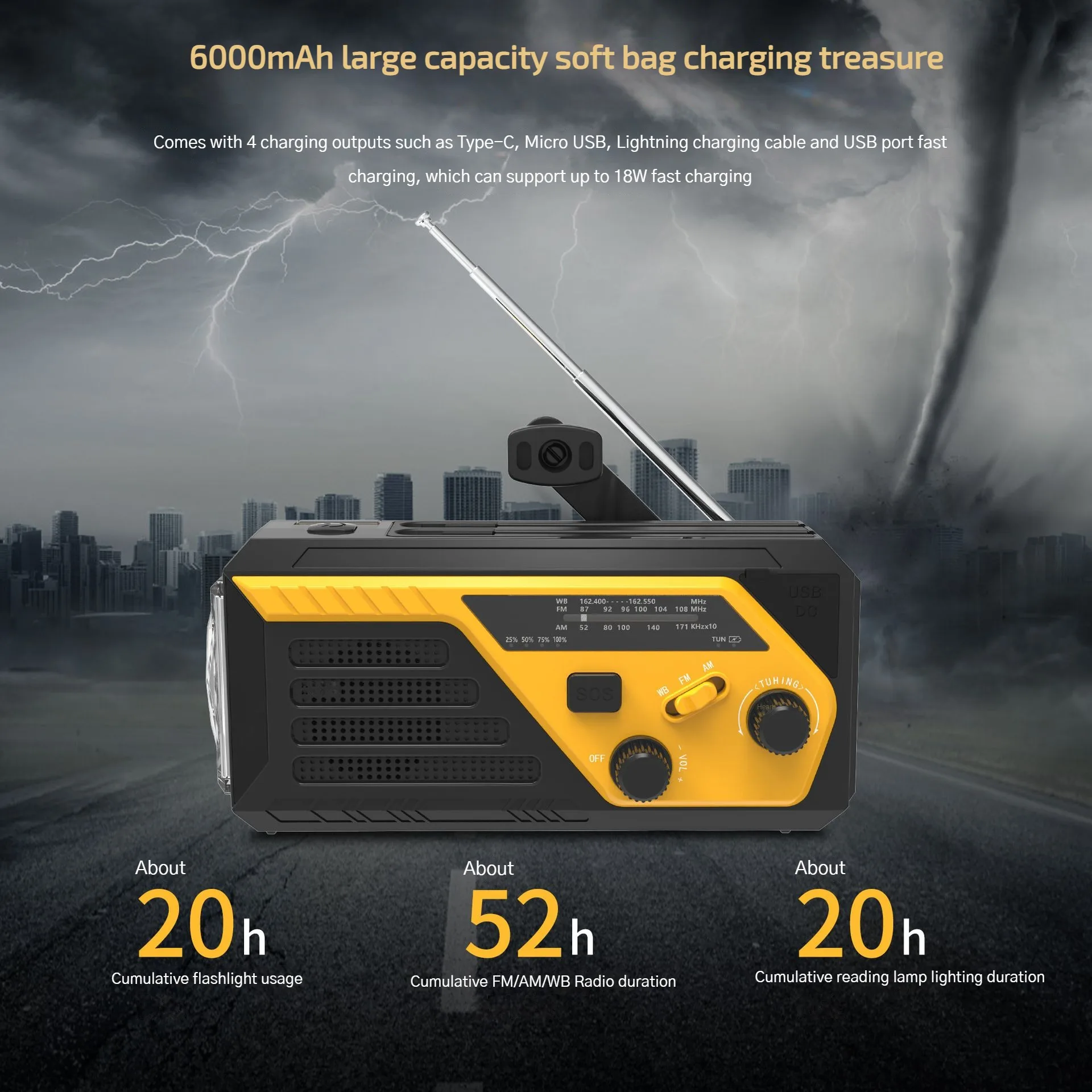 MD-C01 Disaster Prevention and Emergency Radio Solar Hand-Powered Flashlight High/Low Light/Reading Lamp Illuminating SOS Alarm