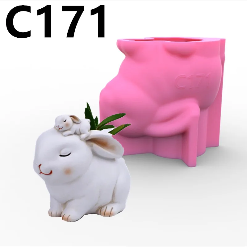 

Cute Mother and Child Rabbit Succulent Flower Pot Ashtray Pen Holder Silicone Mold Scented Molds For Gypsum and Concrete Stone