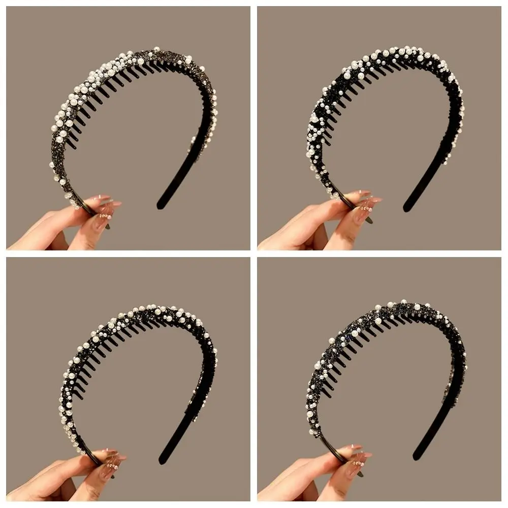 

New Pearl Rhinestone Weave Twist Braid Wig Hairband Toothed Anti Slip Headband Fashion Hairband Wash Face Hair Hoop