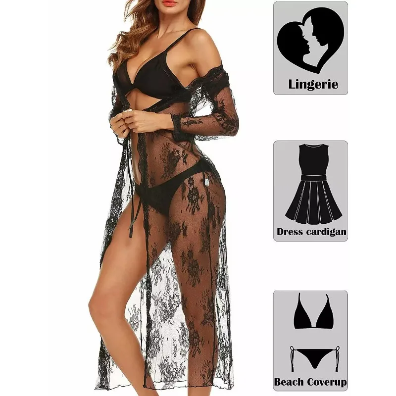 Tornova Sexy Lace Mesh Transparent Robe Nightgown Women See-Through Lace Printing Deep V-Neck Home Ultrathin Nightgown women sleepwear sleepwear pajamas