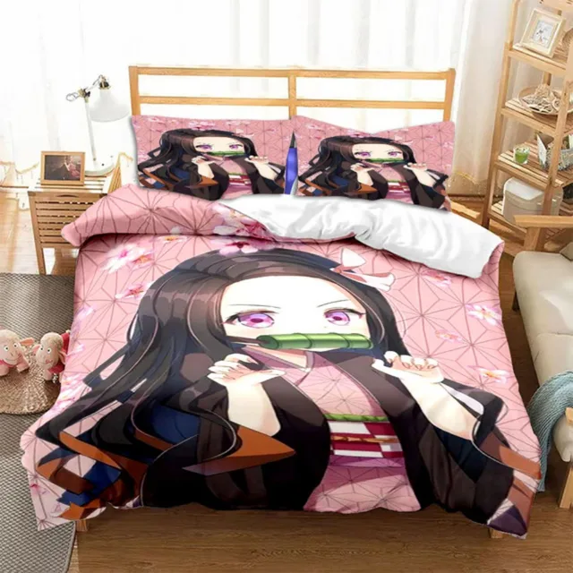 Conjunto de cama de solteiro Anime Demon Slayer 3 peças de desenho animado  3D capa de edredom para meninos decoração de casa quarto sem  edredom-S_Duplo 200 x 200 cm