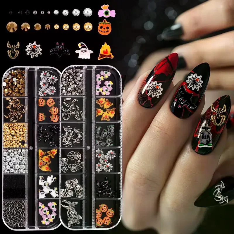 12 Grids/Box Halloween Nail Charms - Cartoon Ghost Pumpkin Spider Bat Nail Art Jewelry, DIY Manicure Decoration Accessories
