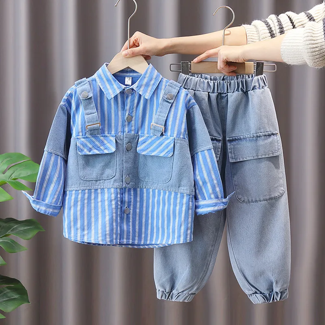 Spring Autumn Baby Boys Clothing Sets Children Clothes Outfit Toddler Infant patchwork Shirt Jeans Kids Casual Sportswear