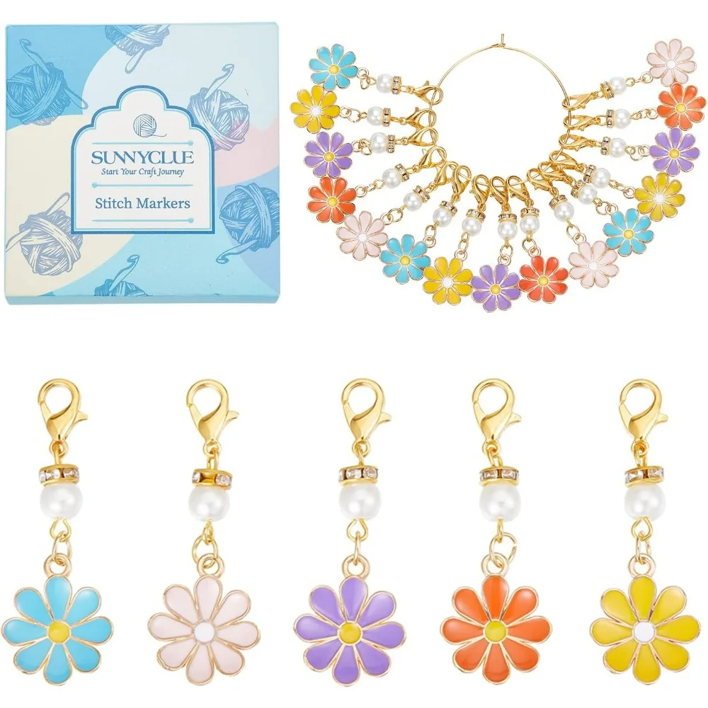 Stitch Markers Crochet Stitch Marker Daisy Flower Charms Pearl Beads Zipper Pull Clip On Removable Lobster Claw