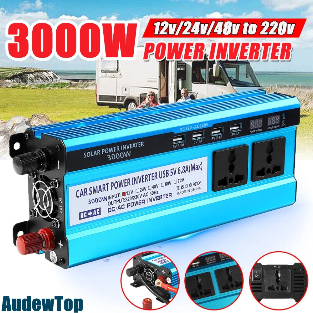 3000W Car  Inverter Power Voltage Convertor Transformer DC12V 24V 48V To AC 220V Solar Double LCD Display 4USB Inverter
