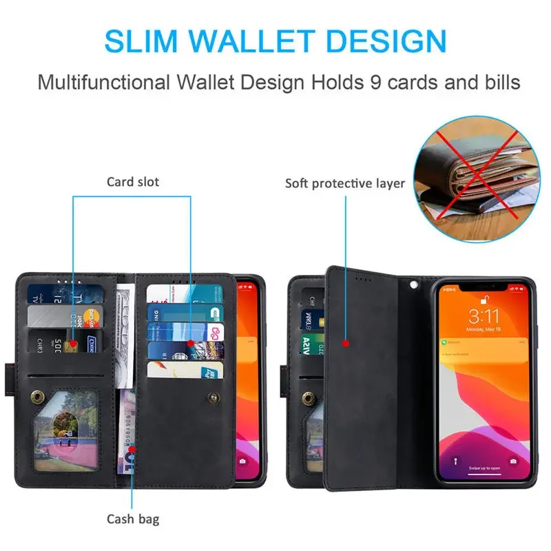 Multi Card Slot Case For Vivo V21 5G Zipper Wallet Leather Luxury Funda For Vivo Y33S Y21 Y 20 12 11 S Y20i Y53S Y72 Y52 Cover