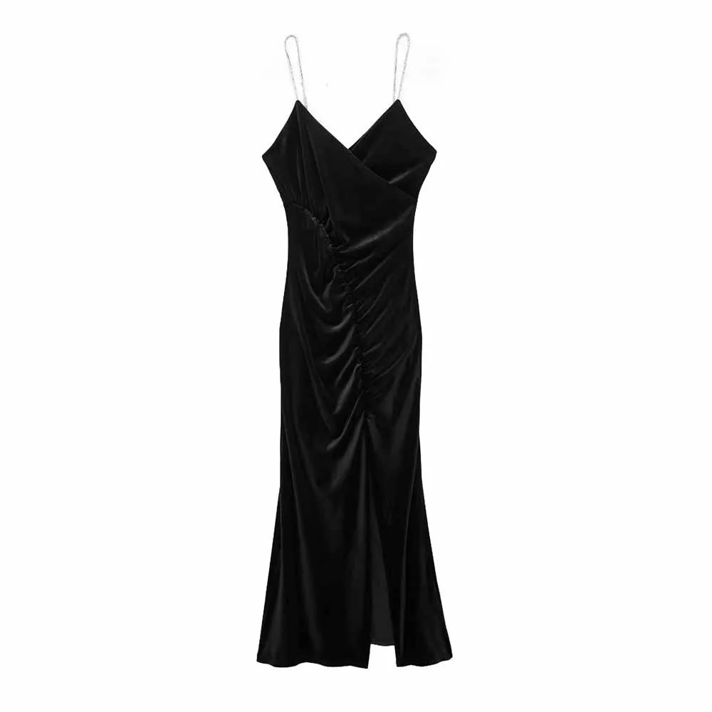 

TRAF Winter Dress Women's Design Feeling New Pleated Decoration Sexy Female' Chic Bright Suspender Velvet Midi Dress 2157/242