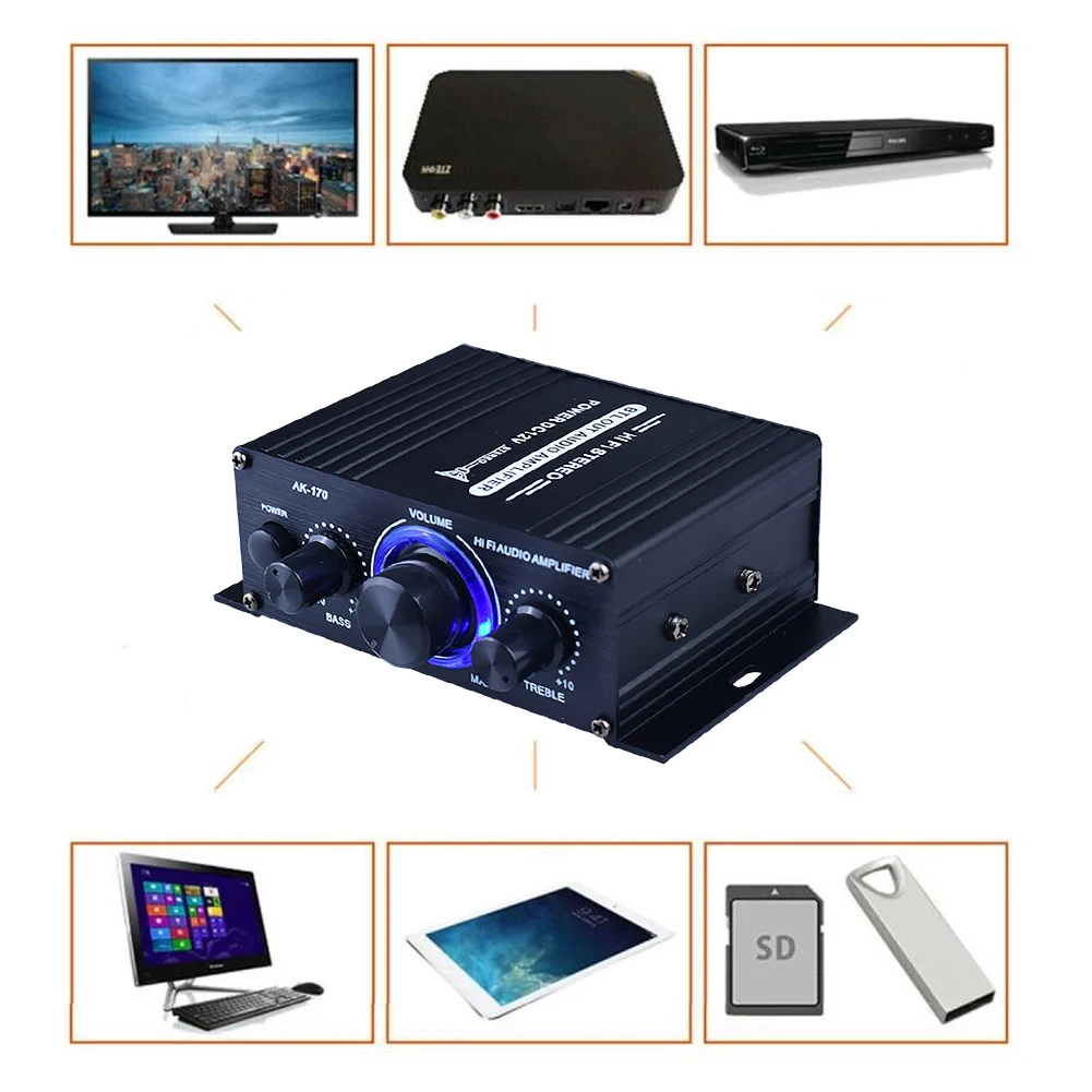 Aluminum Black Stereo Audio Power Amplifier 200W Home Car Amp