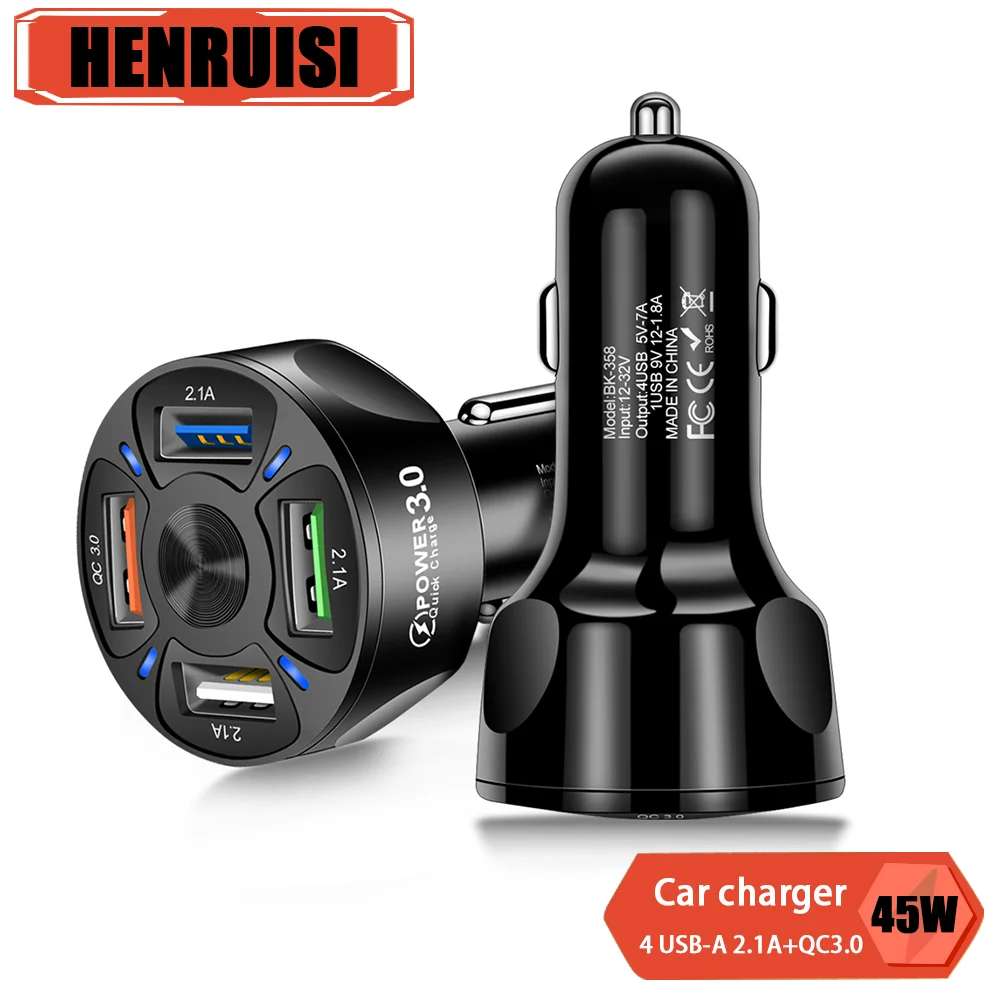 

45W USB Car Charger Fast Charging 4 Ports QC 3.0 Car Phone Charger For Iphone 13 14 15 Pro Xiaomi 13 Huawei Samsung USB Charger