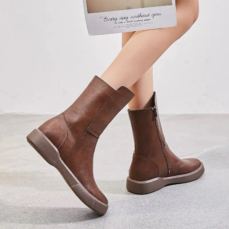 2022 Autumn Winter Motorcycle Boots Vintage PU Leather Flat Mid Calf Women Boots Female Cross Tied Fur Snow Fashion Boots 35-40