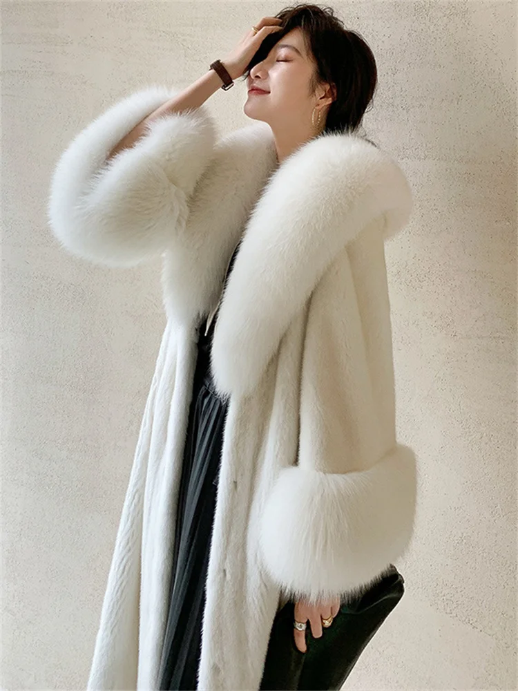 Faux Mink Fur Coat Women White XS-6XL Fox Fur Collar Thick Warmth Light  Luxury Winter Fashion Elegant Big Style Clothes Feminina