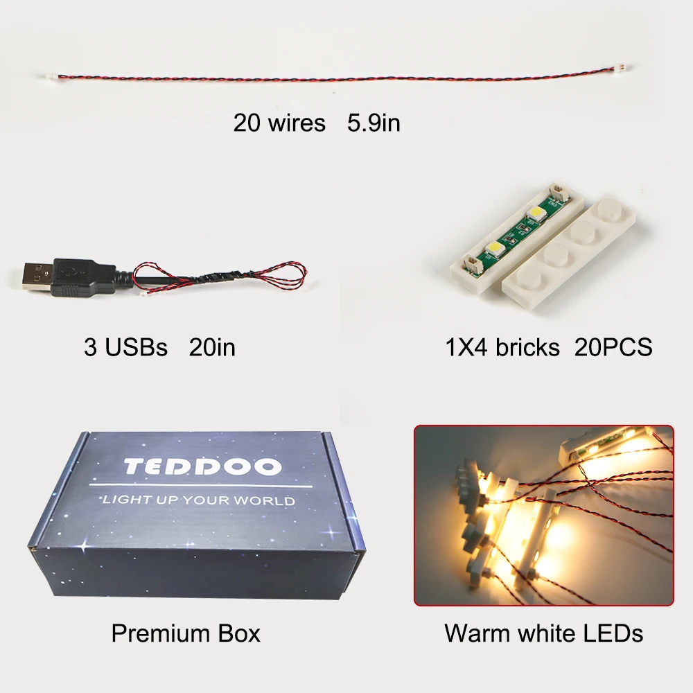 20pcs 1X4 LED 조명 키트 (X in One Lights Powered by USB) 벽돌 도시 DIY 조합 모듈 MOC 벽돌 3710과 호환 가능