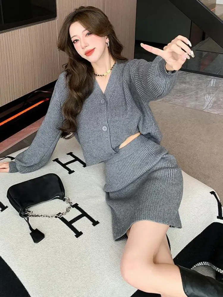여성용 V넥 긴팔 니트 가디건 스웨터, 상의 및 하이웨이스트 미니 스커트, 여성 수트 패션, 고품질, 2023 가을