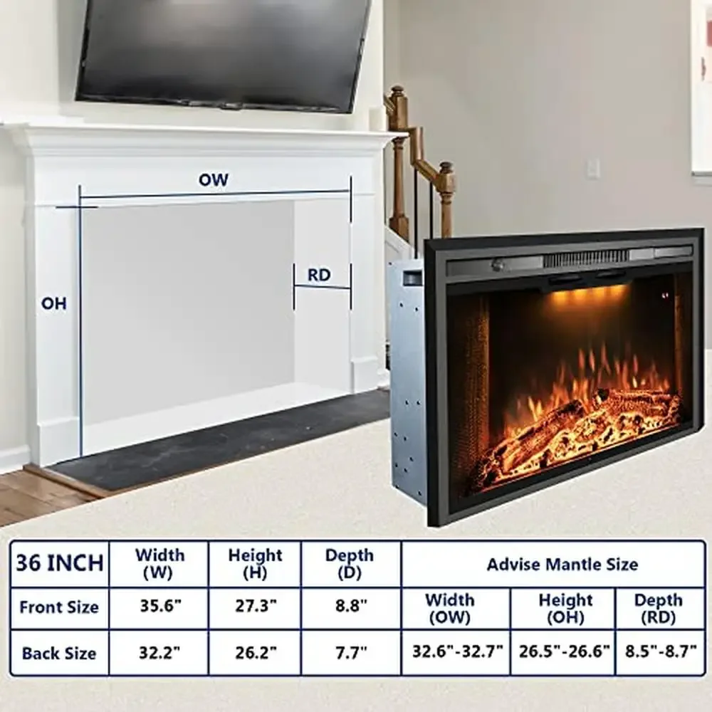 36 Inch Recessed Electric Fireplace Heater with Adjustable Flame and Crackling Sound Attractive Design TV Stands Bookshelves & 6
